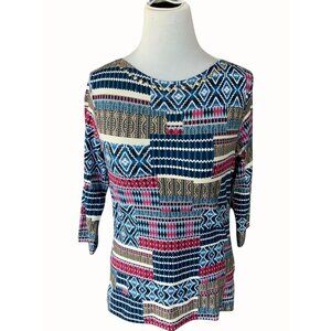 Ruby Rd Womens Petite Multicolor Quarter Sleeve Patterned Studded Top Size PS